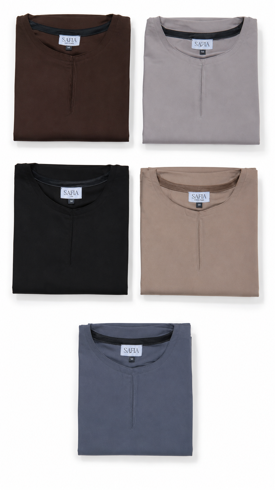 Five folded abayas in different colors are arranged in a grid on a white background: dark brown, light gray, black, beige, and slate blue. 