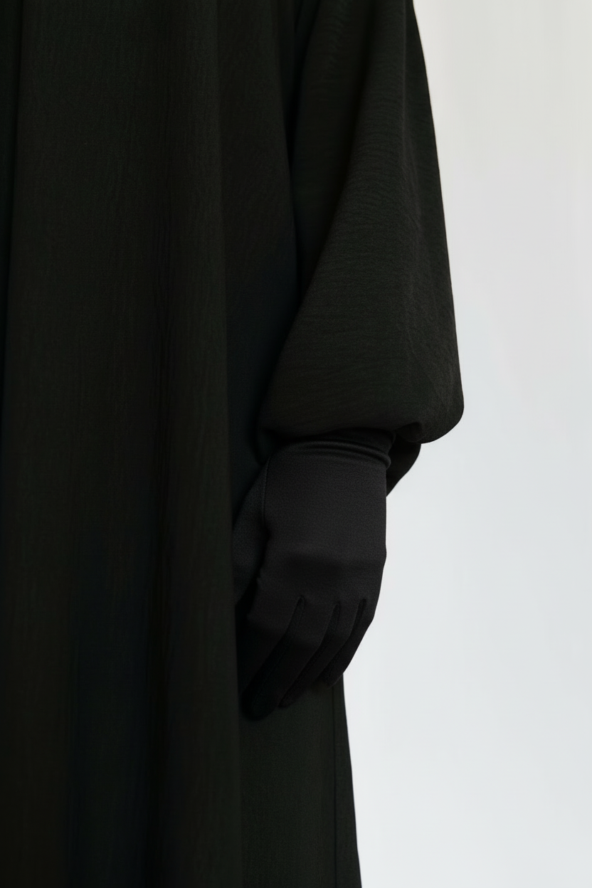 Person wearing a long black abaya and black shoes on a neutral background